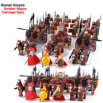 MOC Roman Empire Spartan Army Medieval Soldier Chariot Building Block Bricks Ancient Military War Helmet Toys For Children
