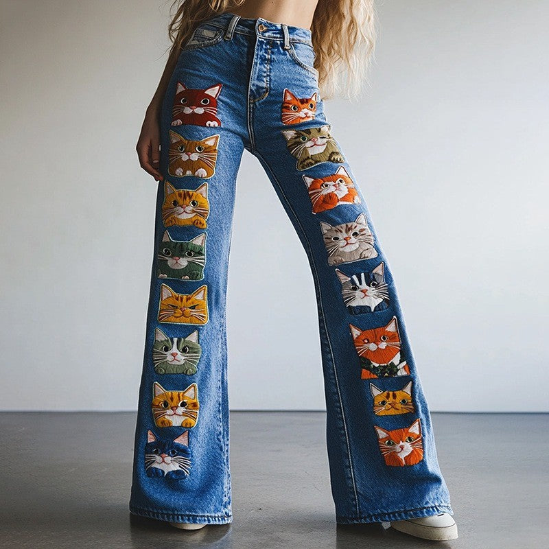 Women's Floral Embroidered High Waist Flared Jeans Vintage Boho Wide Leg Denim Pants for Party and Daily Outfits