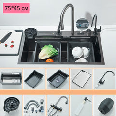 Large 304 Kitchen Sinks 75x45cm Stainless Steel Kitchen Waterfall Sink Digital Display Large Single Sink Dish Washer Faucet