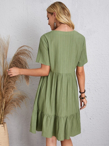 Women Elegant Short Sleeve V Neck Ruffles Dress Summer Casual Solid Loose Mini Dress Chic Bohemian Sundress Beach Party Vestidos