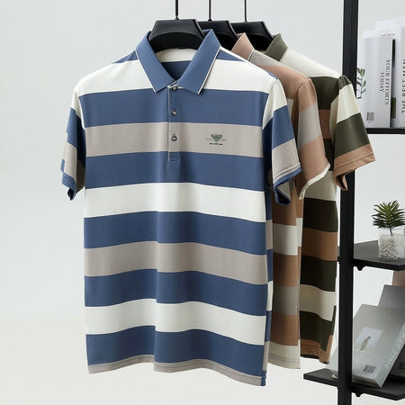 100% pure cotton fashion short sleeve polo shirt men's luxury brand embossed wide stripe color blocked summer casual lapel top