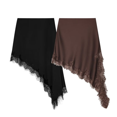 HH Women 2025 New Fashion Simple Asymmetrical Lace Skirt Female Elegant Sexy Silk Satin Texture Mid-Waist Casual Versatile Skirt