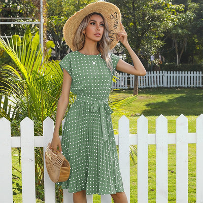 Summer Dresses For Women High Waist Midi Elegant Pleated Polka Dots Office Lady Dinner Party Vacation Dress Female Clothing Robe