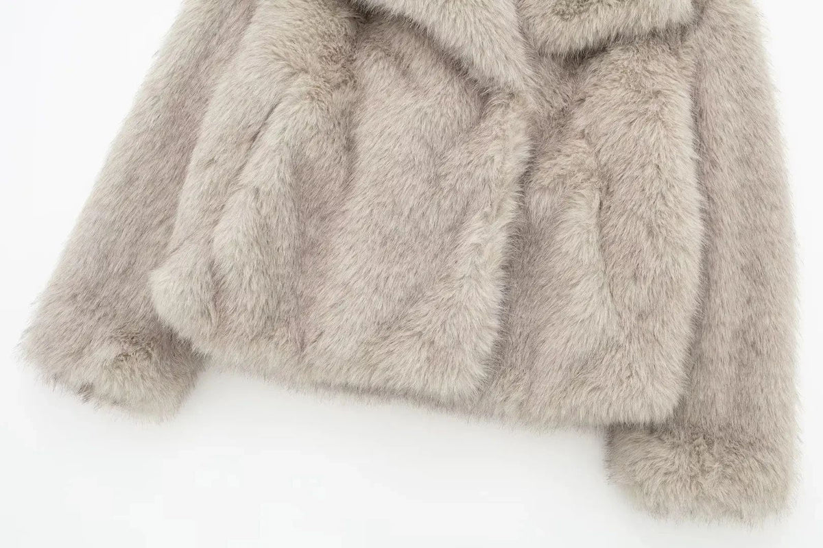 HH 2025 Vintage Women Cropped Faux Fur Jacket Long Sleeve Turn-Down Collar Female Plush Wool Coats Chic Lady Fur Outerwear