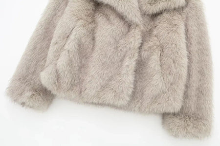 HH 2025 Vintage Women Cropped Faux Fur Jacket Long Sleeve Turn-Down Collar Female Plush Wool Coats Chic Lady Fur Outerwear