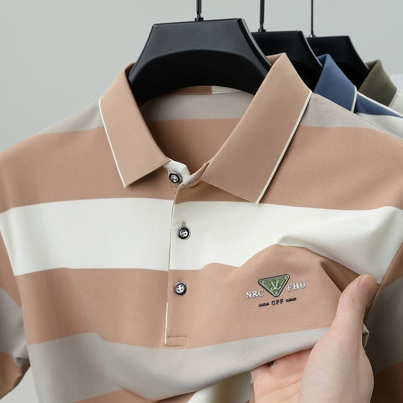 100% pure cotton fashion short sleeve polo shirt men's luxury brand embossed wide stripe color blocked summer casual lapel top