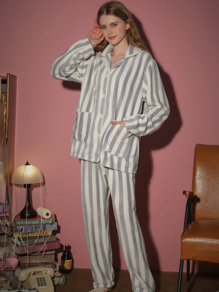 2-piece set of women's pajamas autumn and winter flannel striped long sleeved pants set thick cardigan home clothes