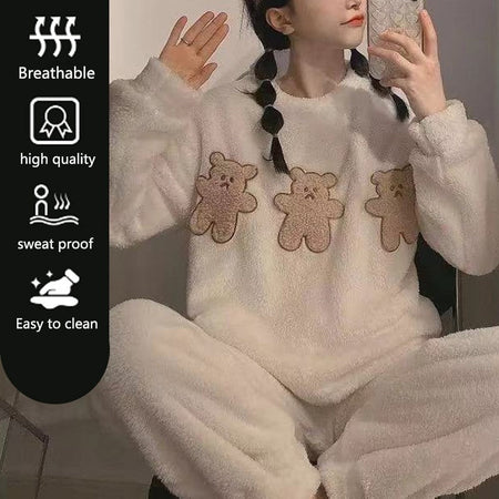 2pcs/Set Women's Pajamas Winter Facecloth Long-Sleeved Padded And Thickened Warm Student Pajamas Homewear Suit Bear Girls Clothe