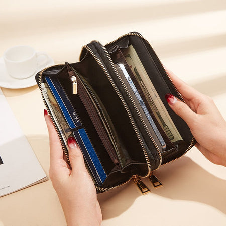 FOXER Split Leather Lady's Wallet Bifold Long Clutch Bag with Wristlet Fashion Card Holder Coin Purse Cellphone Money Bag
