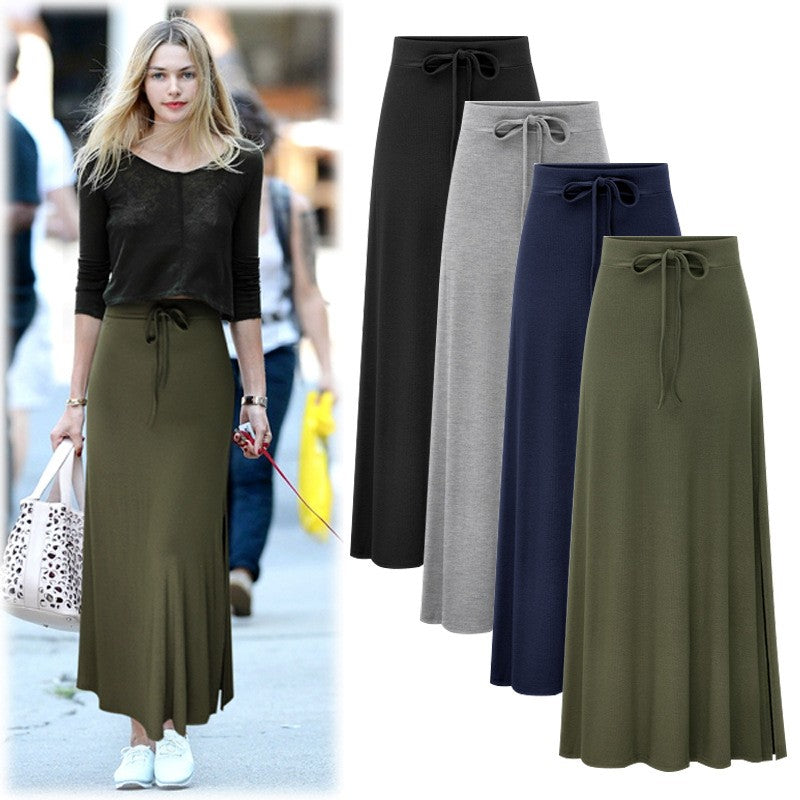 Plus size women's fashionable knitted half skirt high waist slit A-line skirt high stretch ankle length mid length skirt