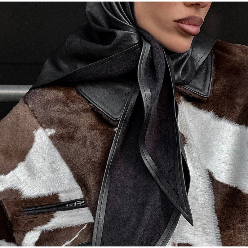 Fashion Women's Cow Print Jacket Lapel Collar Short Length Zipper Button Coats 2025 Autumn Winter Female Trendy Warm Outerwear