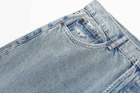 HH 2024 Women's Street Fashion Denim Blue Jeans Distressed Patchwork High Waist Zipper Fly Ripped Retro Long Pants