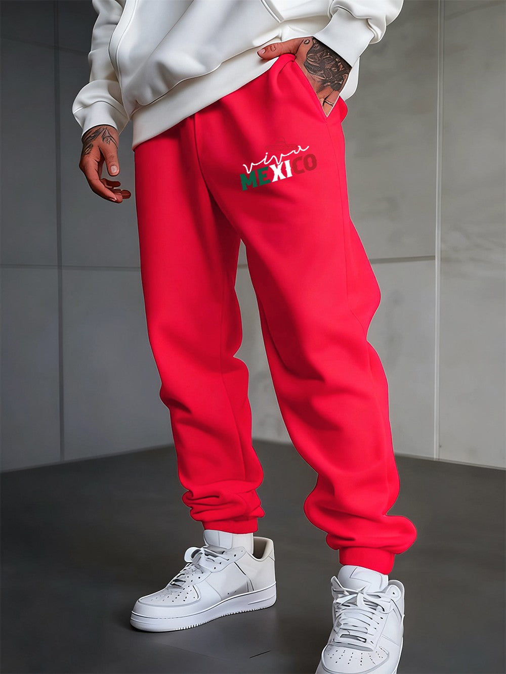 Mexico Creative Letter Prints Sweatpants Mens Casual Trousers Elastic Waist Loose Pocket Jogger Pants Autumn Fleece Warm Clothes