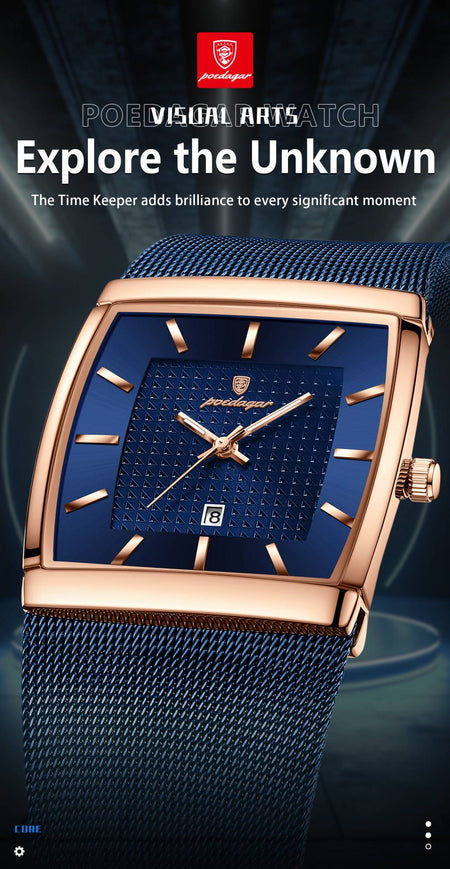POEDAGAR Top Luxury Men Watch Stainless Steel Mesh Date Waterproof Luminous Man Wristwatch Casual Rectangle Quartz Men's Watches