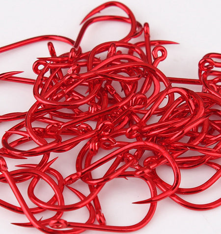 FTK 50-100pcs Gold Fishing Hook High Carbon Steel 1#-12# Barbed Hook With Ringed EYE Red Fishhooks for Carp Fishing Tackle