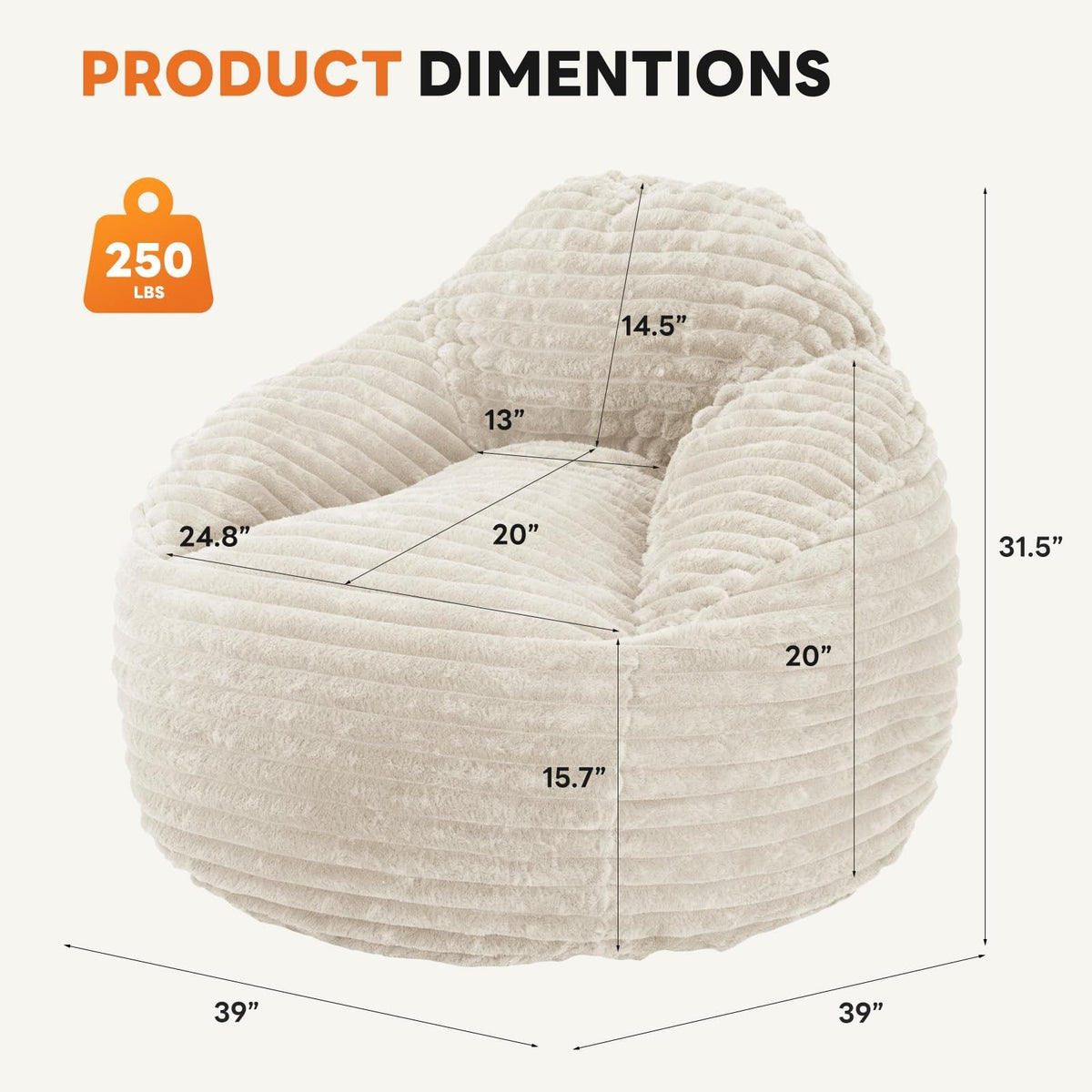 JHK Plush 39 InchBean Bag Chair for Gaming Reading Lazy Sofa Ergonomic Memory Foam Filled Couch For Living Room Furniture