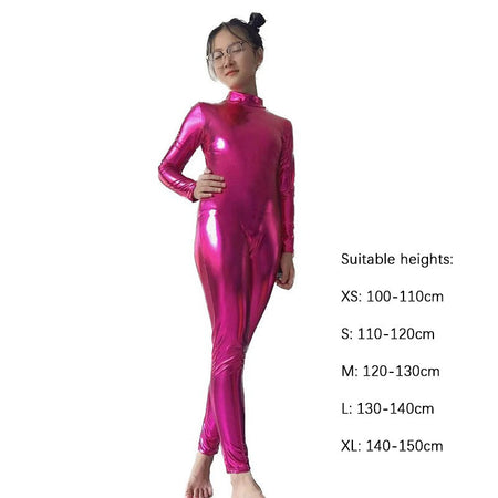 Kids Shiny Full Body Zentai Suit Metallic Tight Jumpsuit Halloween Cosplay Stage Performance Costume for Girls Boys