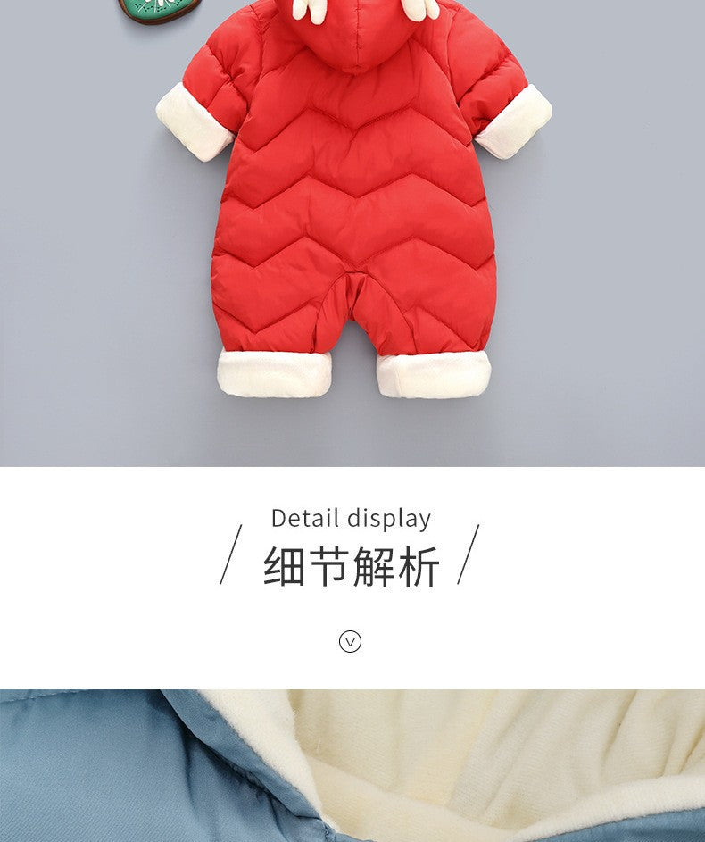Demin-season Winter Kids Boys Rompers 2025 Cartoon Pockets Hooded Bodysuit For 0-3Y Newborn Infant Babys Boys One-piece Jumpsuit