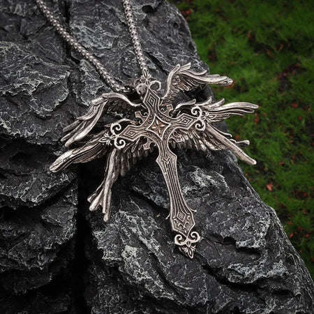 Retro Gothic Jesus Wings Cross Pendant Necklace Jewelry for Men Women Large Vintage Dark Punk Religious Amulet Necklaces Gifts