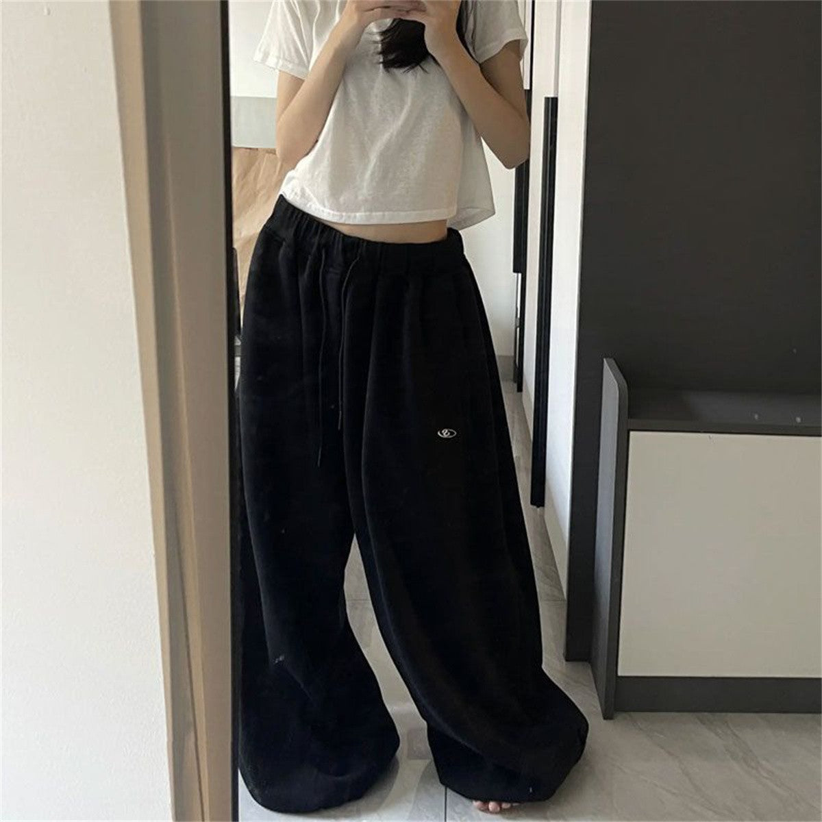 Oversize Woman Grey Black Sweatpants Y2K Korean Streetwear Loose Casual Jogger Pants High Waist All Match Drawstring Trousers