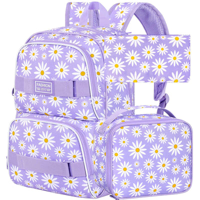 3PCS Daisy Girls Backpack, 17 Inch Laptop School Bookbag Teen College Water Resistant Kids Backpacks with Lunch Box Set - Grey