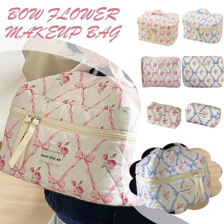 Cute Bow Flower Cloth Handbag Quilting Cotton Makeup Bag Women Zipper Cosmetic Organizer Portable Toiletry Case for Girls