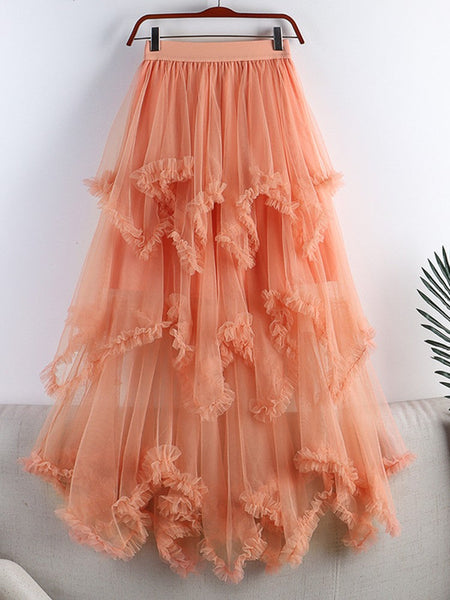TIGENA Tutu Tulle Long Skirt for Women 2023 New Summer Korean Aesthetic Cute Irregular Mesh High Waist Maxi Skirt Female Purple