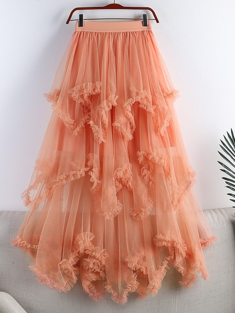 TIGENA Tutu Tulle Long Skirt for Women 2023 New Summer Korean Aesthetic Cute Irregular Mesh High Waist Maxi Skirt Female Purple