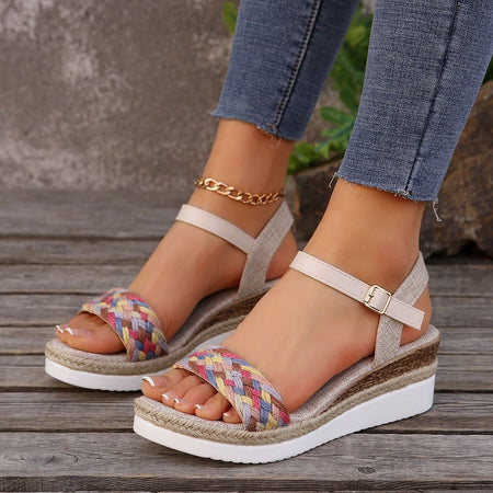Summer Women's High Heel Sandals Heel Large Size Colorful Braided Rope Sandalias De Mujer Outdoor Versatile Zapatillas De Mujer