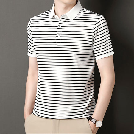 2024 Men's New Striped Cotton Business Casual Short Sleeved POLO Shirt Fashion Short Sleeved Comfortable and Breathable Top