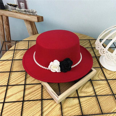 Women's Floral Chain Fedora High Fashion with Pearl Pins Bump Cap Black White Autumen Winter Ladies Fedoras Wide Brim Girl Hat