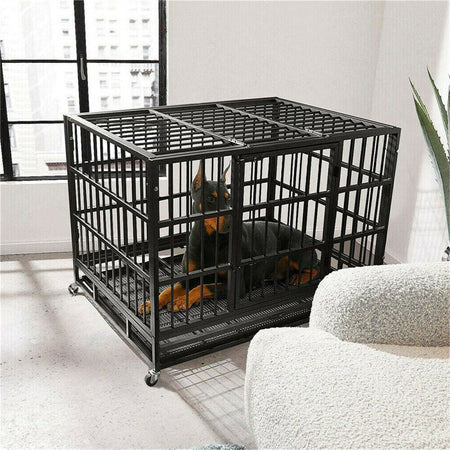 XXL Large Heavy Duty Dog Crate Strong Pet Cage Tear Resistant Square Tube Metal Kennel Playpen with Lockable Wheels and Tray