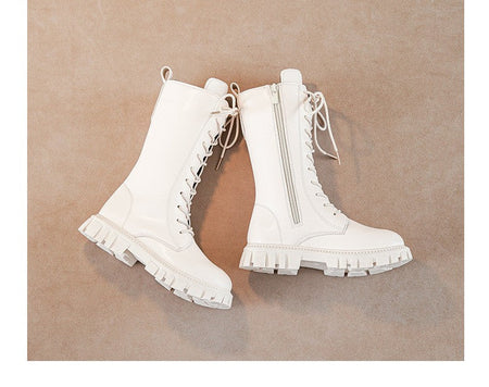 2025 Autumn/Winter  Fashion Cool Baby Girls Warm Square Heel Round Toe Casual Lace-Up Comfortable Kids Black Mid Boots