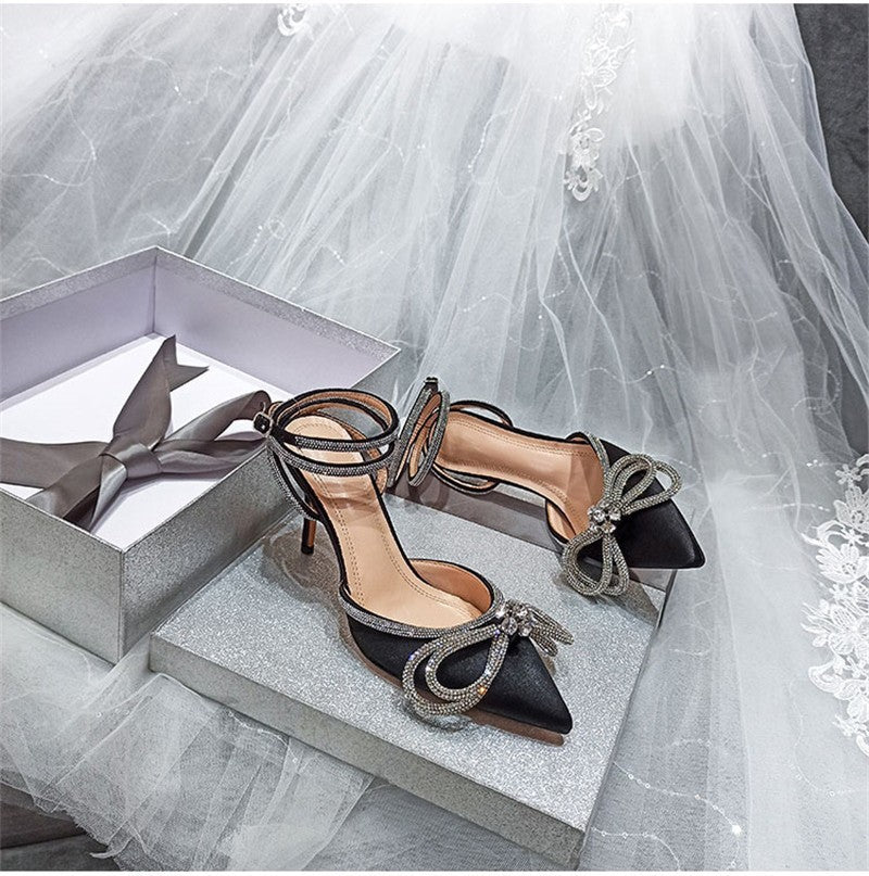 2025 New Fashion Glitter Rhinestones Women Pumps Crystal Bowknot Silk Pointed Toe Buckle Strap Thin High Heels Party Prom Shoes