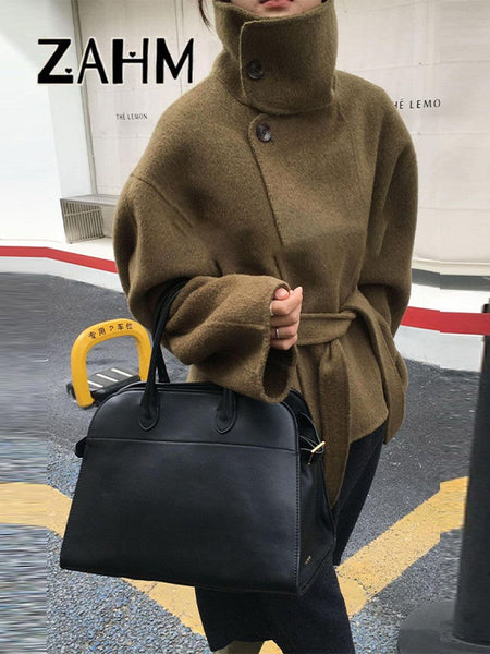 Woolen Solid Women Coat Fashion Belt Patchwork Lace Up Full Sleeve Lapel Lady Jacket 2025 Autumn Winter Female Loose Streetwear