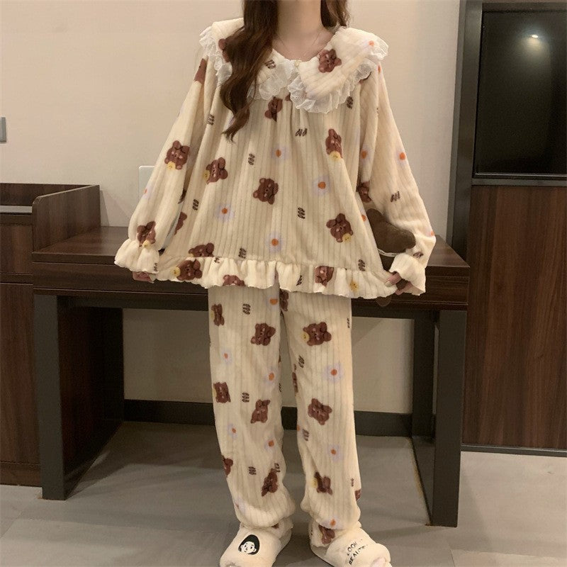 Warm Sleepwear Small Bear Peach Coral Velvet Two-Piece Set Women Pajamas Autumn and Winter Thickening Home Wear School Sleepwear