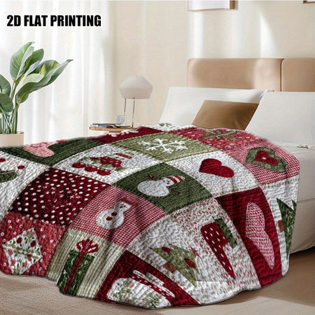 1pc Festive Christmas Quilt Squares Print Flannel Throw Blanket - Cozy Holiday Design with Santa Hats Hearts and Snowflakes