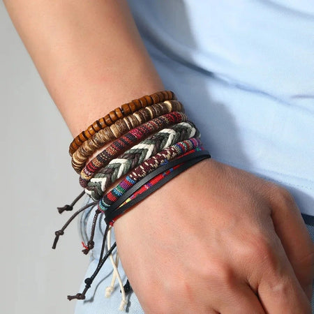 4Pcs/ Set Braided Wrap Leather Bracelets for Men Vintage Life Tree Rudder Charm Wood Beads Ethnic Tribal Wristband Rope Bracelet