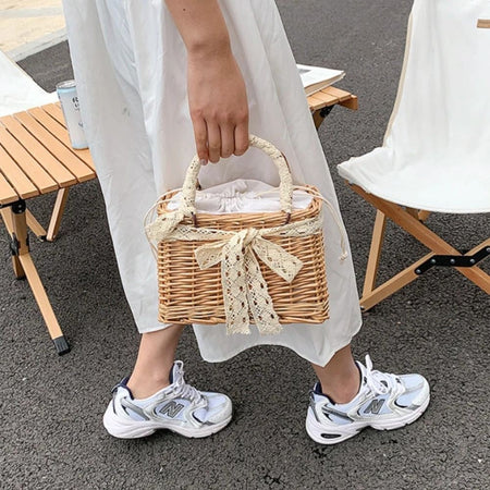 Straw Tote Hand Bags Summer Pearl Handle Handmade Knitted Handbag Storage Rattan Weaving Basket Shoulder Bag Women Girls