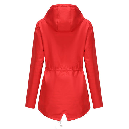Blue Waterproof Hooded Jacket Women Fashion Casual Coat Waist Drawstring Tie Zipper Switch Red Green Yellow Black Windbreaker