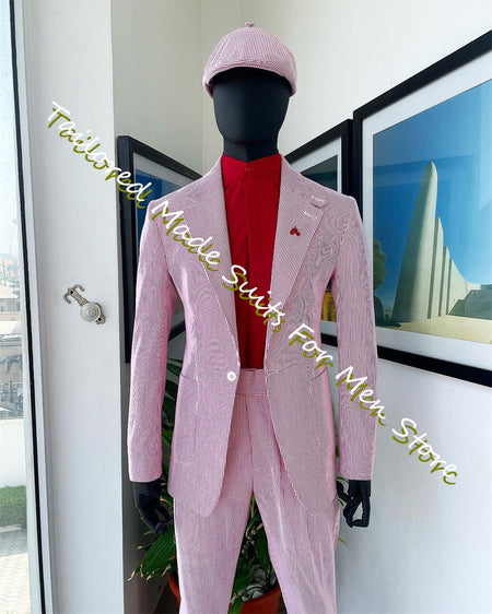 Summer Men'S Blazer Pink Seersucker Prom Dresses Slim Fit Men'S Suit Male Set 2 Pieces High Quality Luxury Jackets Trousers