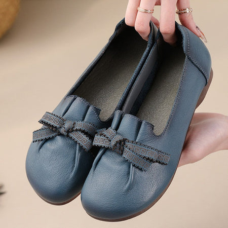 Vintage Plain Oxfords Shoes Women's Genuine Leather Flats Ladies Laced Up Moccasins Elderly Woman Square Toe Driving Loaferss