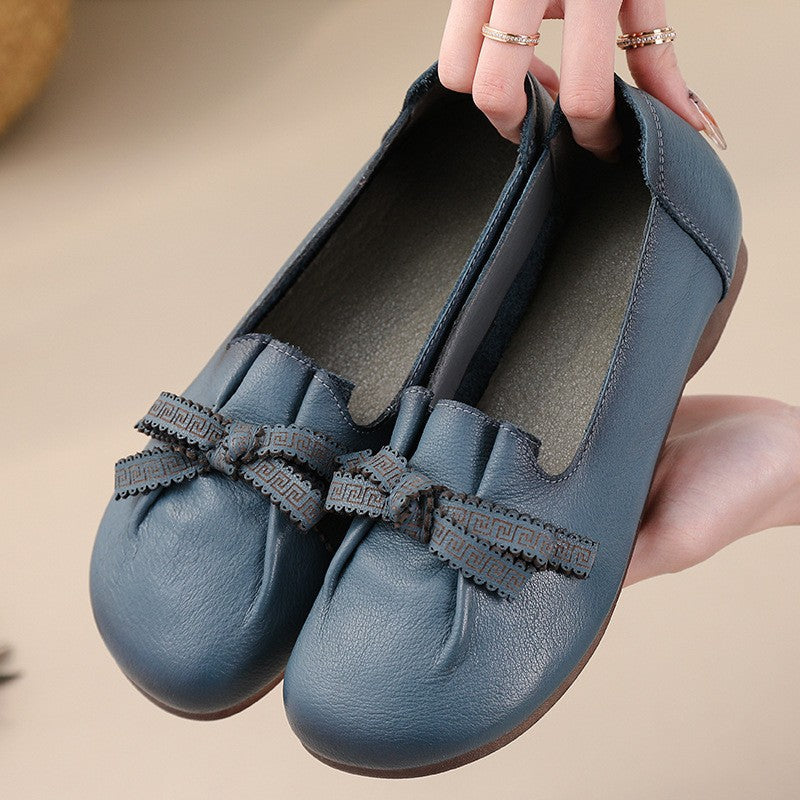 Vintage Plain Oxfords Shoes Women's Genuine Leather Flats Ladies Laced Up Moccasins Elderly Woman Square Toe Driving Loaferss
