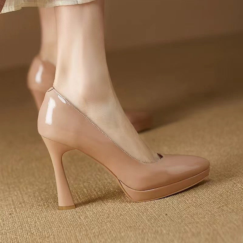 Spring and Autumn New Style Waterproof Platform Slip-on Shoes, Fashionable Banquet Work Shoes, Pointed Toe Thin Heels