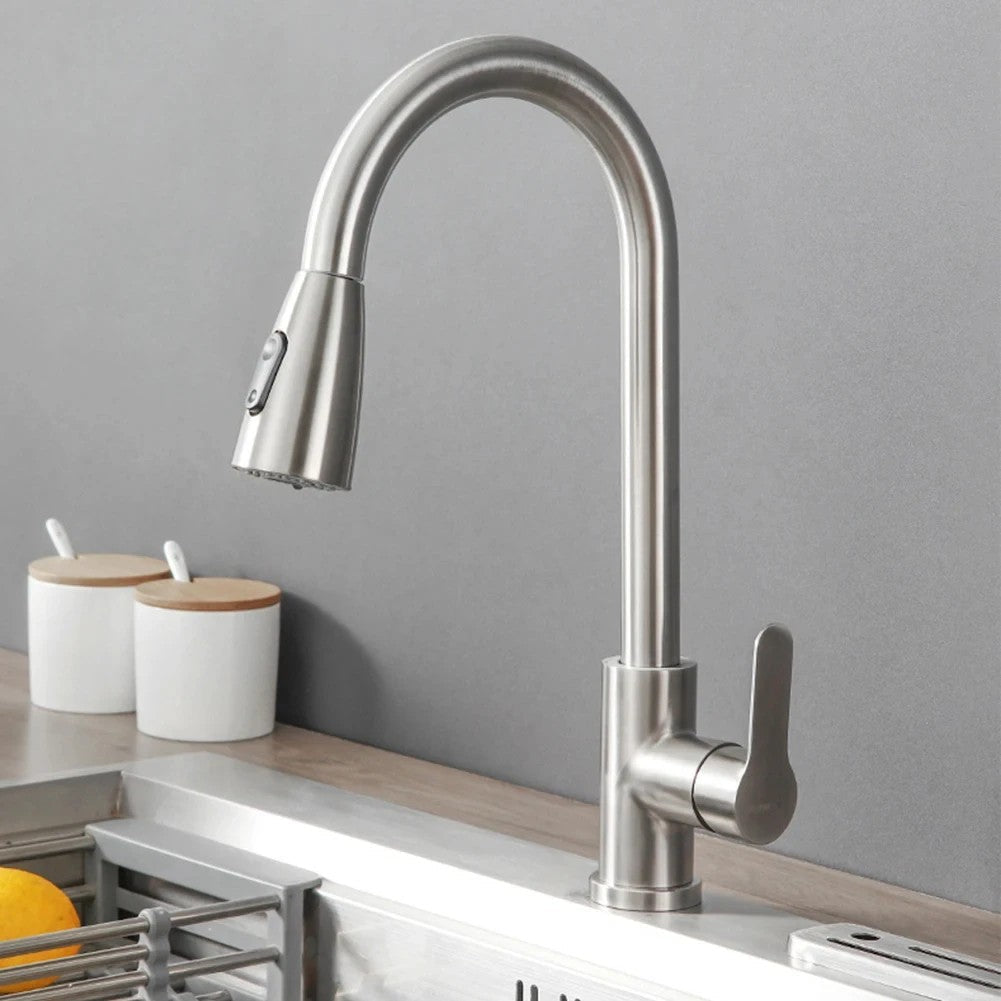 Kitchen Faucets Brushed Nickel Pull Out Kitchen Sink Water Tap Deck Mounted Mixer Stream Sprayer Head Hot Cold Taps Sliver