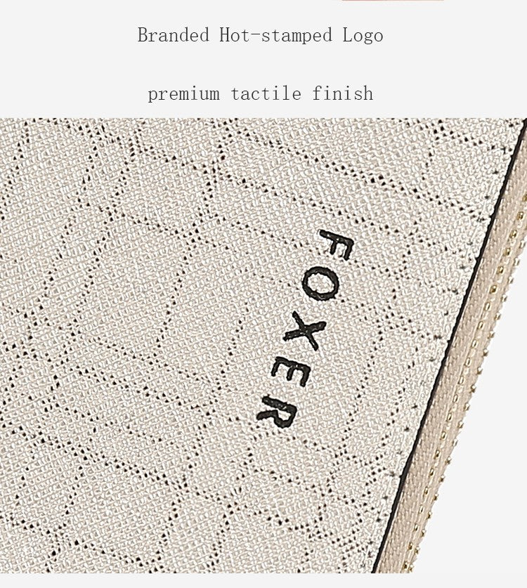 FOXER Split Leather Lady's Wallet Bifold Long Clutch Bag with Wristlet Fashion Card Holder Coin Purse Cellphone Money Bag