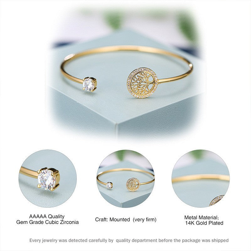 Europe and America Style Simple Delicacy Embed Zircon Tree of Life Bangle Elegance  for Women Open Mouths Bracelet Paty Jewelry