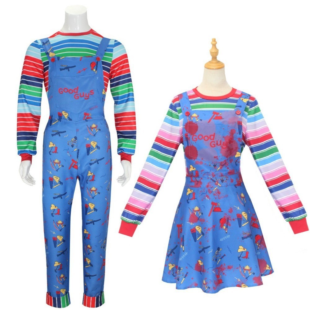 Movie Horror  Chucky  Adult Chucky Cosplay Costume with Striped Shirt and Jumpsuit for Chucky Overalls Halloween Costumes