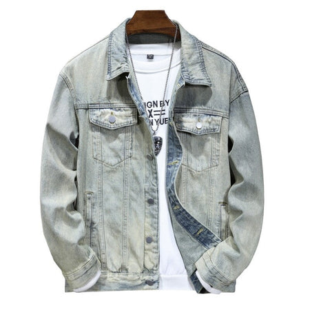 Men's casual denim jacket for spring and fall, metallic single-breasted denim jacket size M-5XL