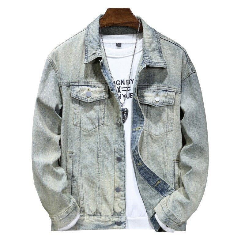Men's casual denim jacket for spring and fall, metallic single-breasted denim jacket size M-5XL